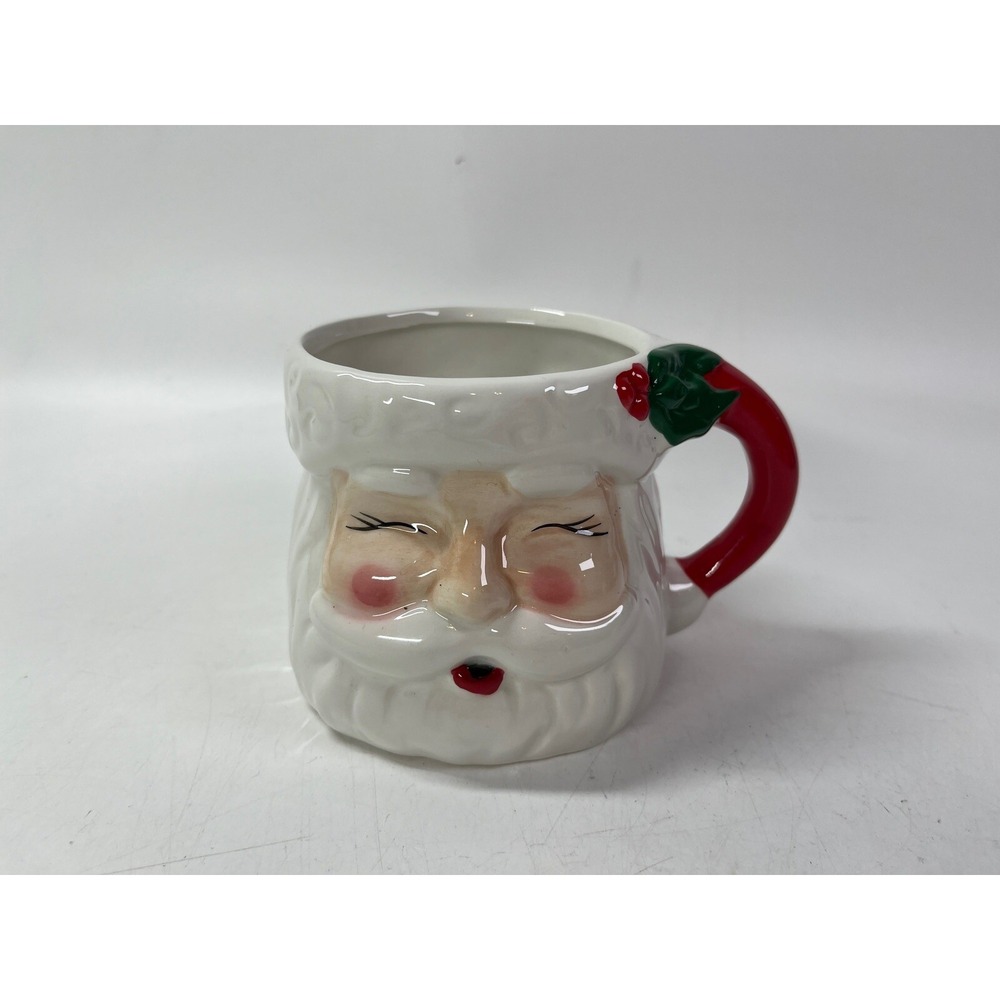 Santa Face Mug Ceramic Christmas Cup Closed Eyes Claus Red Handle Holly